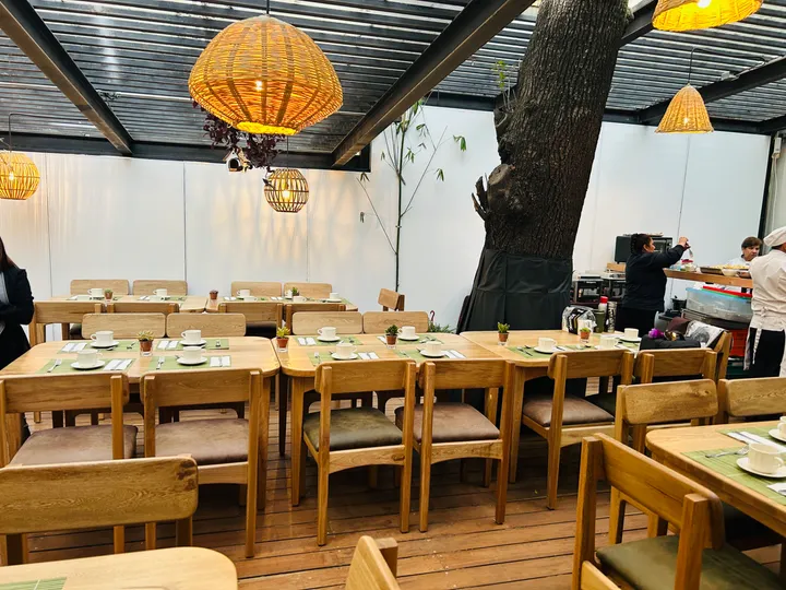 Restaurante en terraza cubierta con mesas de madera, lámparas de mimbre y un árbol, preparado para un evento de grupo