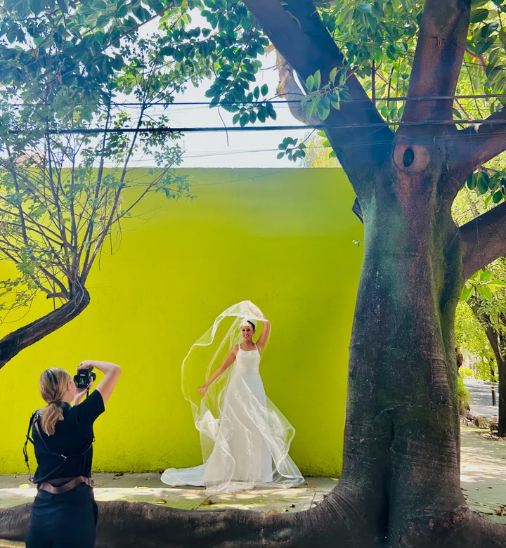 Novia ondeando su velo ante un muro verde lima bajo un árbol durante una sesión de fotos